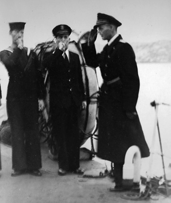 German officer piped aboard HMS Valorous