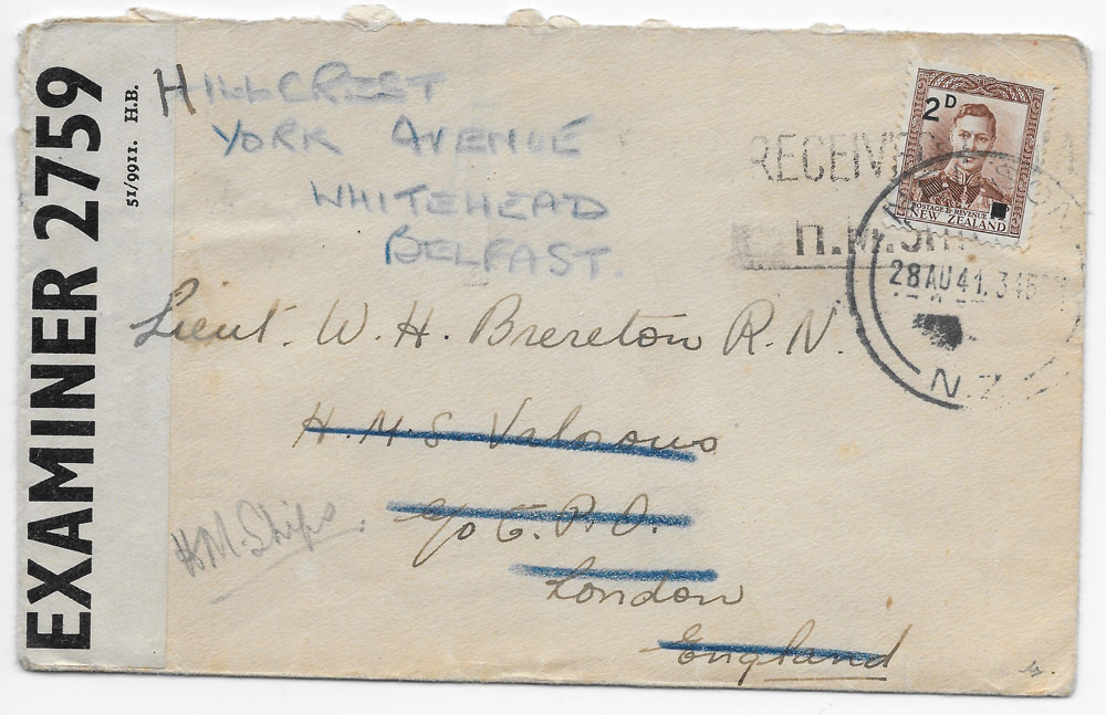Letter sent from New Zealand to Lt W.H. Brereton RN in 1941