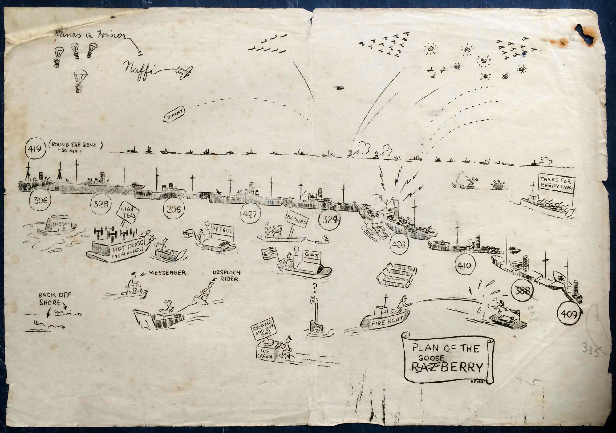 Cartton sketch of the Gooseberry breakwater off Juno Beach, Normandy Landings