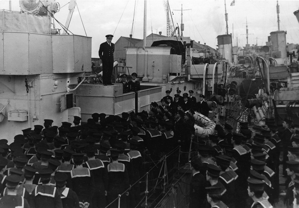 Admiral Max Horton, CiC WEstern Approaches addresses the Ships companies of Hesperus and Vanessa