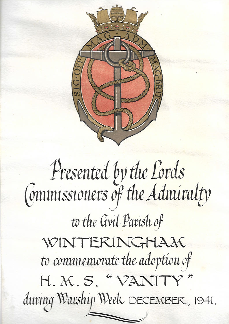 The scroll awa`rded to Winteringham for contributing to the adoption of HMS Vanity