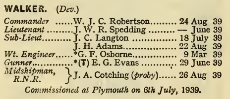 Navy List entry for officers in HMS Walker, Deember 1939