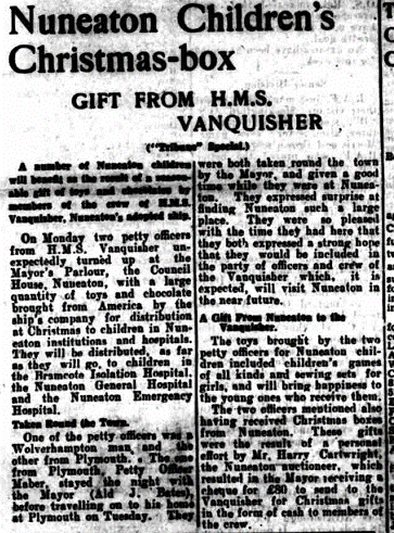 A visit to Nuneaton by two POs from HMS Vanquisher bringing Christmas gifts for children