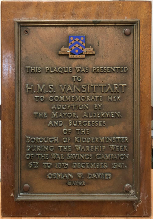 The plaque presented by Kidderminster to HMS Vansittart when she was dopteds by the trown in 1942