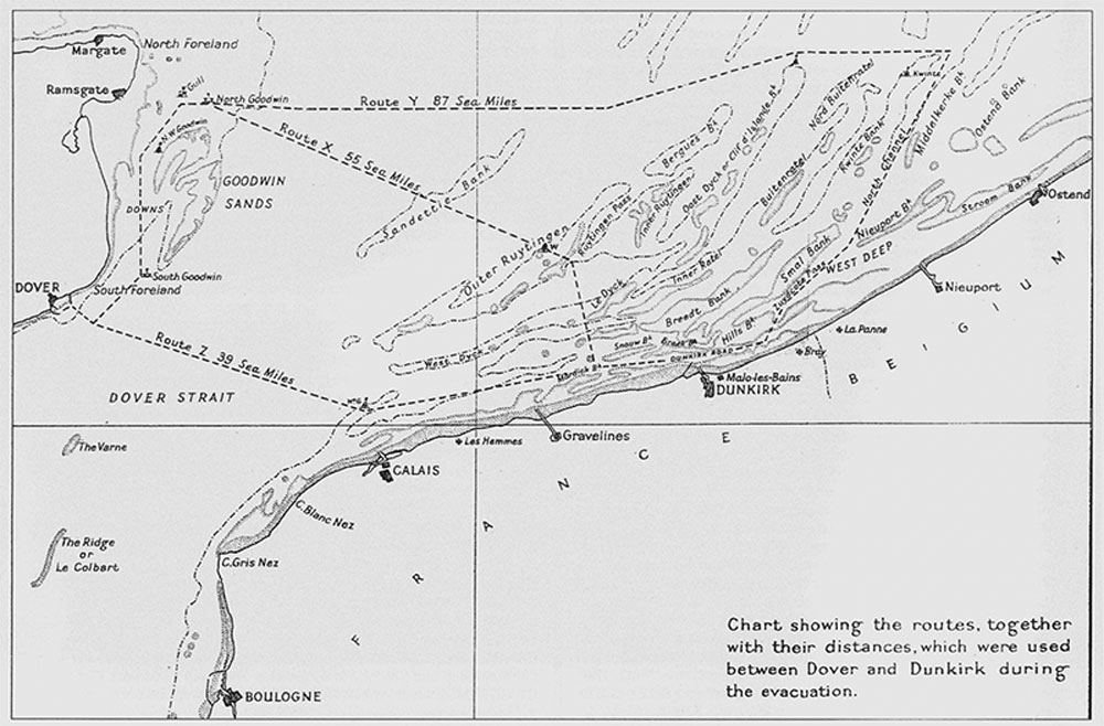 Sea routes from Dover to Dunkirk with distances in sea miles