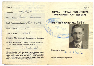 RNVR Identity card for Alan Marsh 1948
