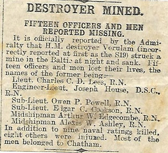 Newspaper cutting about loss of HMS Verulam