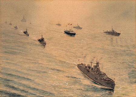 HMS Verulam F29 leading the Royal Yacht 1953 (painted by Cdr Eric Tufnell)