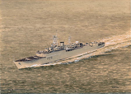 HMS Veruklam F29 in 1953, painted by Eric Tufnell