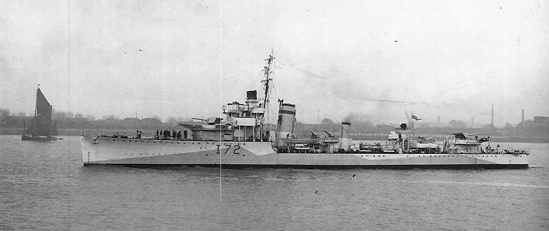 HMS Veteran (I72) in the Thames estuary
