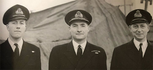 From left: Raymond Hart, Peter Gretton SO Escort Group B7 and Lt Cdr J. Plomer RCNVR (RCS Sunflower)