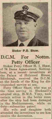 Press cutting from Nottingham Newspaper asbout  award of DCM to Petty Officer Shaw