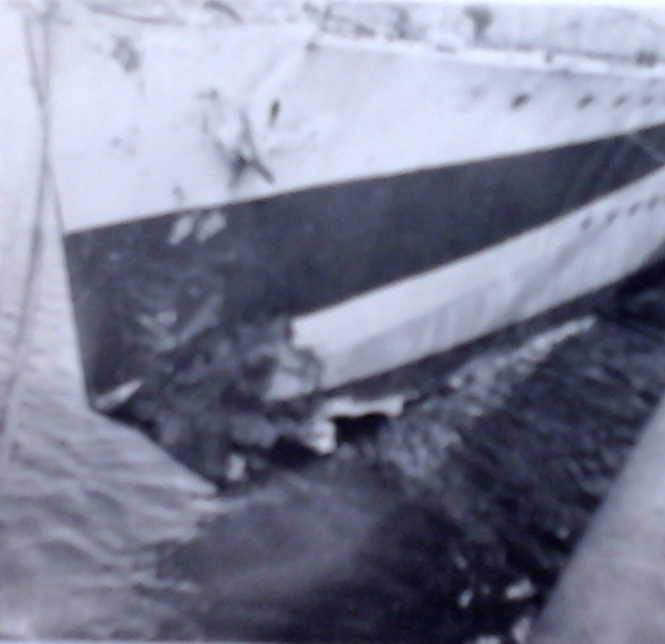 the bow of HMS Viscount after ramming he U-Boat