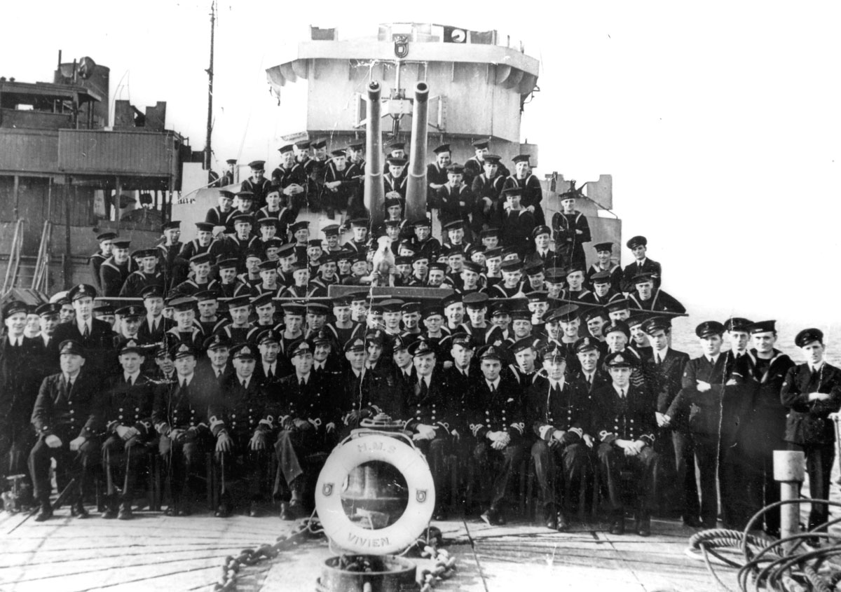 The Ship's Company of HMS Vivien photographed on 28 February 1944