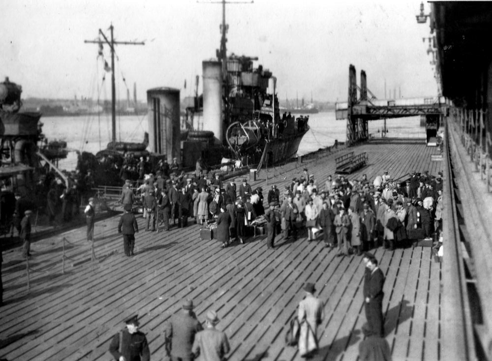 Refugees after landing at Parkstone Quay, Harwich