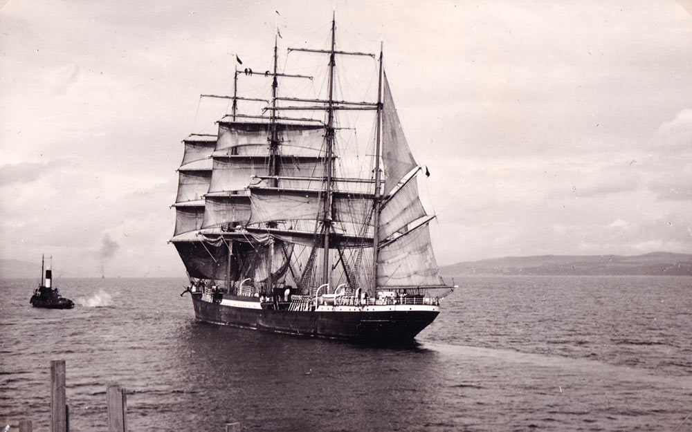 The Italian "Windjammeer" Padua being towed from Norway to Britain