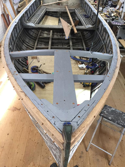 V & W motor dinghy from HMS Vivien in 1940-1 being restored at Portmouth for family use by Jamie Williams