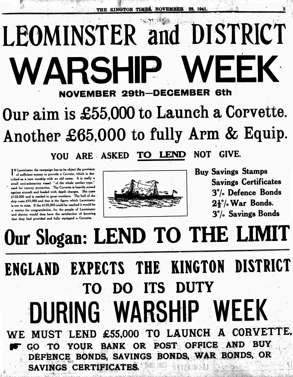 Full page advert for Warship Week in Leominster and Kngton