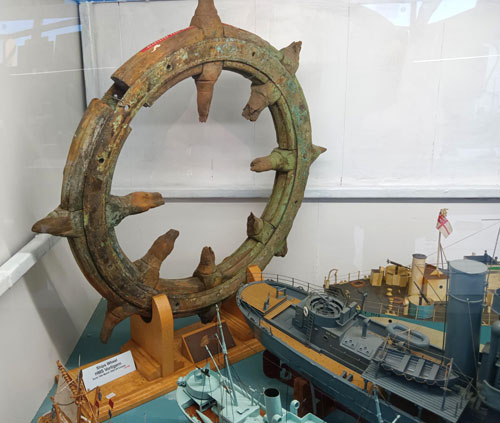 The steering wheelm of HMS Vortigern in the RNPS Museum, Lowestoft
