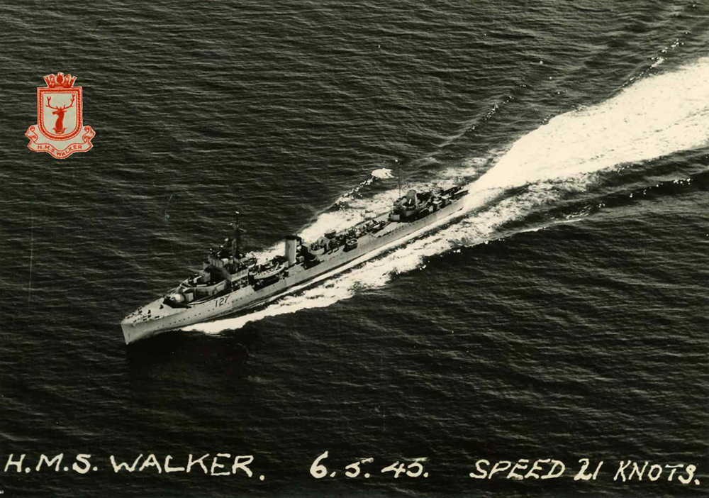 Aerial photograph of HMS Walker at 21 Knots in 1945