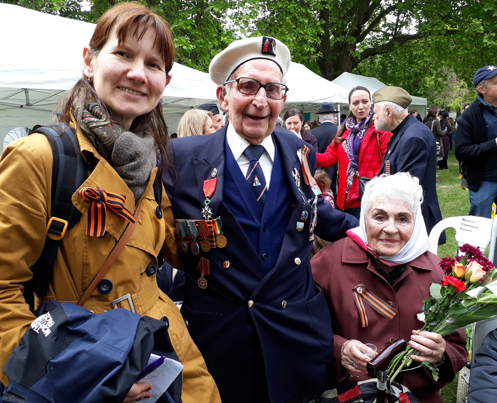 Yelena Karl with Albert Foulser on Victory in Europe Day at the IWM, 9 May 2017