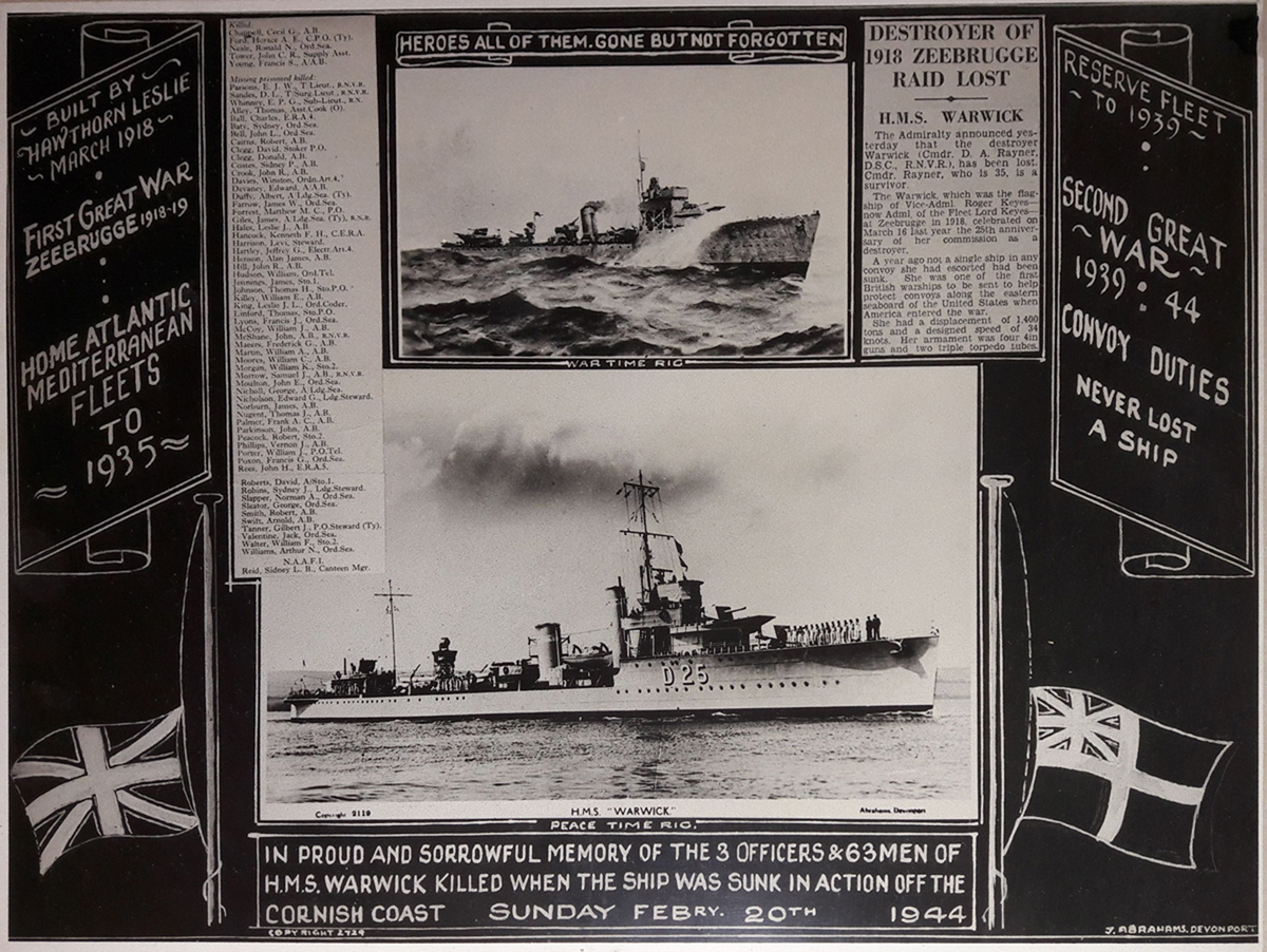 Framed display about loss of HMS Warwick