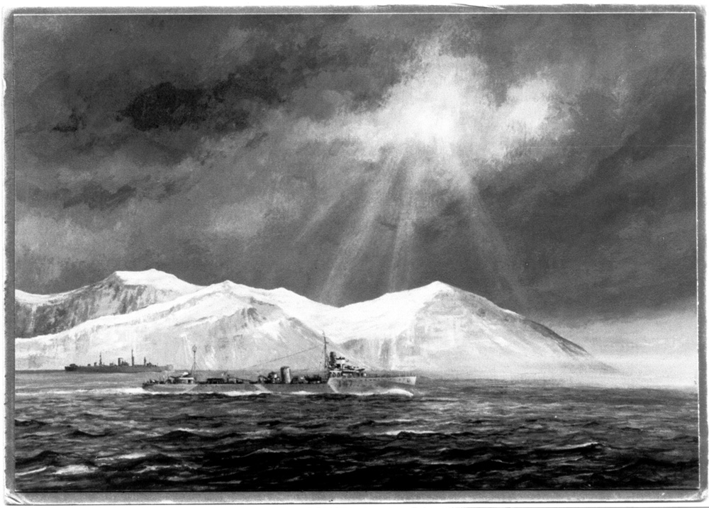 HMS Westcott off Iceland; a painting by L.L. Lawrence