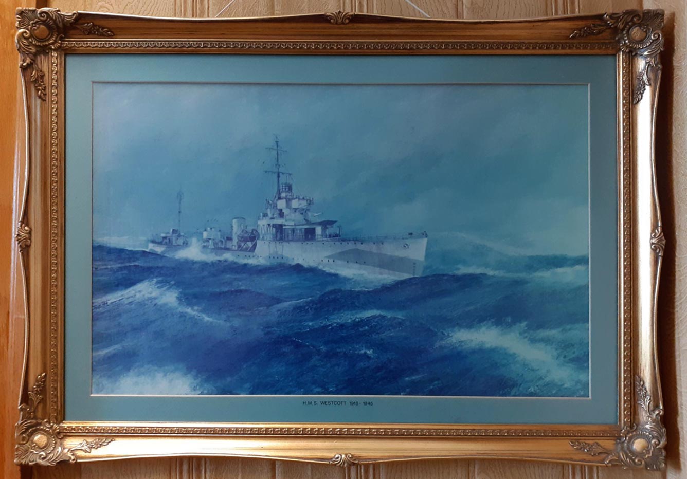 The painting by Les Lawrence of HMS WEstcott which hasngs in the Msyor's Parlour of the Town Hall in Morecambe and the Village Hall at Westciott near Dorking, Surrey.
