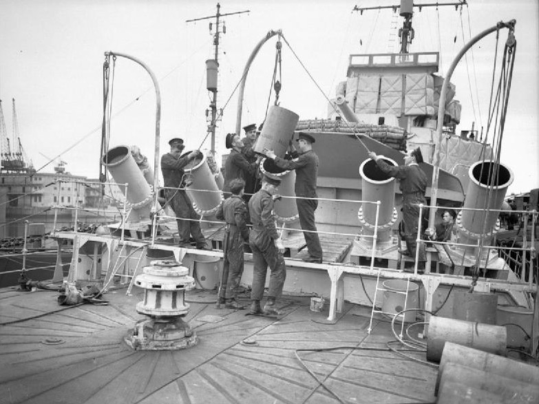 Trial of Thorneycroft Long Range Depth Charge Thrower on HMS Whitehall 19451