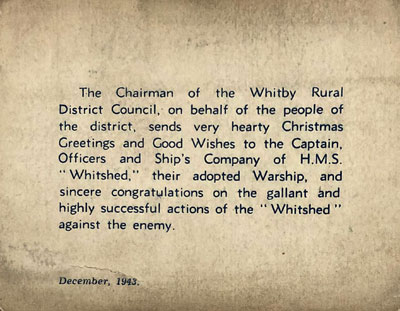 Card from Whitby RDC to HMS Whitshed in December 1943