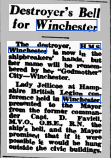 The Ship's Bell of HMS Winchester was presented to the City of Winchester by the British Legion in December 1945