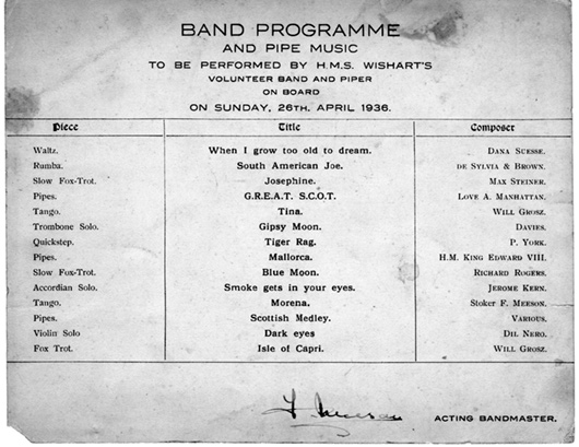 Music played by the Ship's Band on 26 April 1936