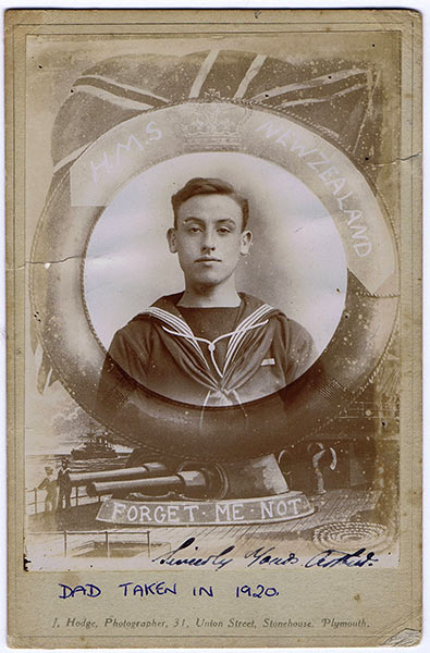 Arthur Horrocks studio portrait  with lifebelt of HMS New Zealand