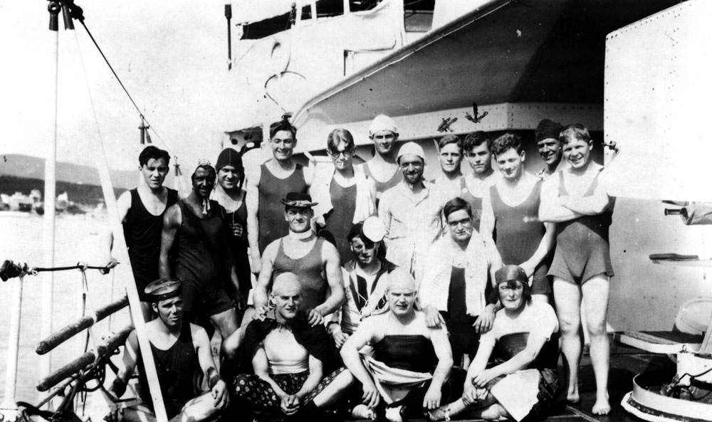 HMS Witch dressed up for playing HMS Whitshed at water olo 1928