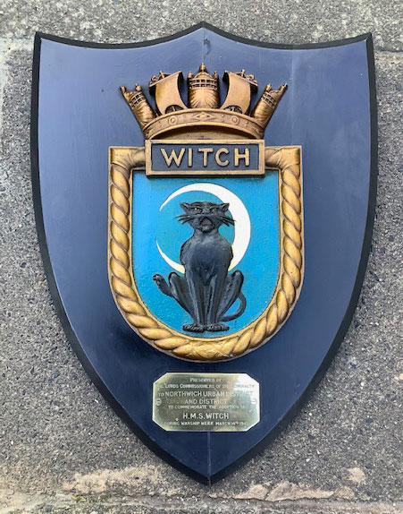 Thev ship'svcresrt of HMS Witchj on the shield presentedb to Northwich by the Admiralty in 1942
