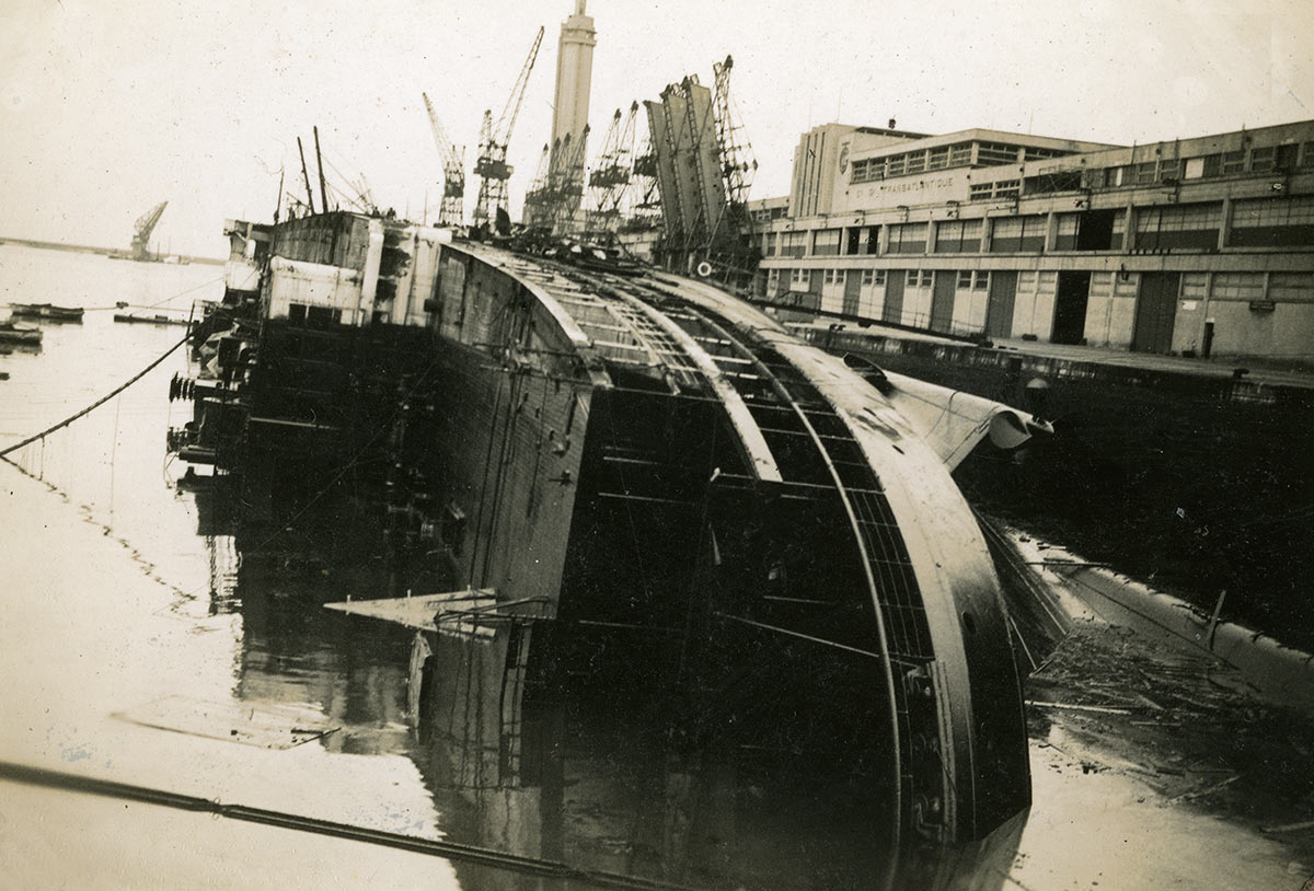 The French liner lying on her side in Lew Havre harbour, view from bow