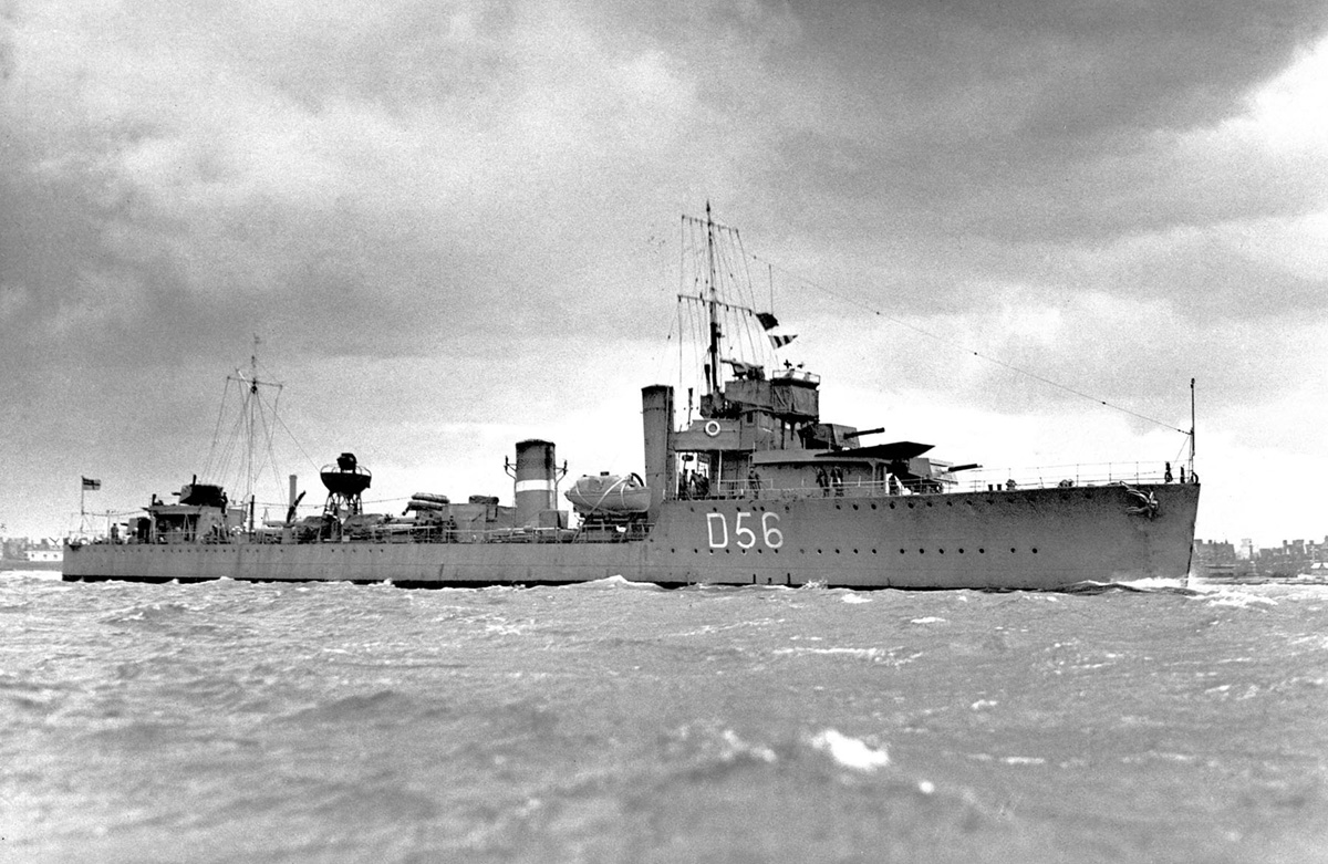 HMS Wolfhound in 1935 after her conversion to a WAIR with 4 inch AA HA Guns