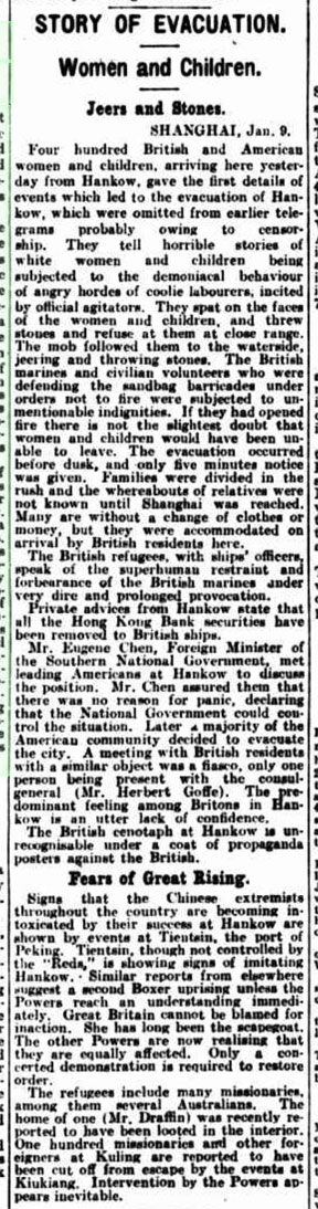 Report in the Argus, Australia, on plight of women and children evacuated from Hankow, January 1927