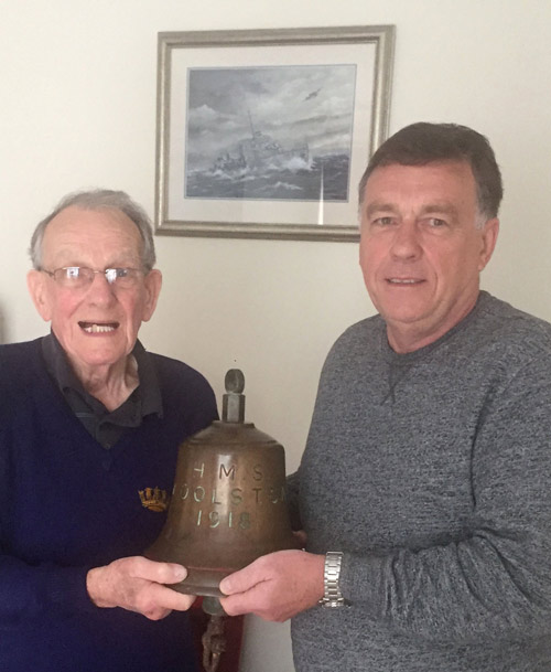 Frank and Alan Witton with the ship's bell of HMS Woolston