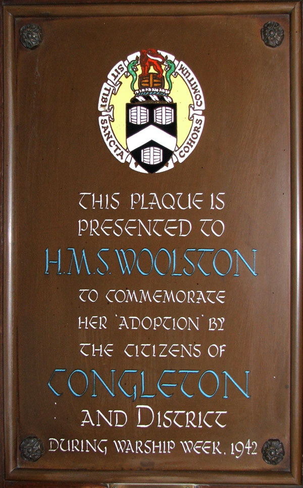 Plaque pesenented by Congleton to HMS Woolston in 1942