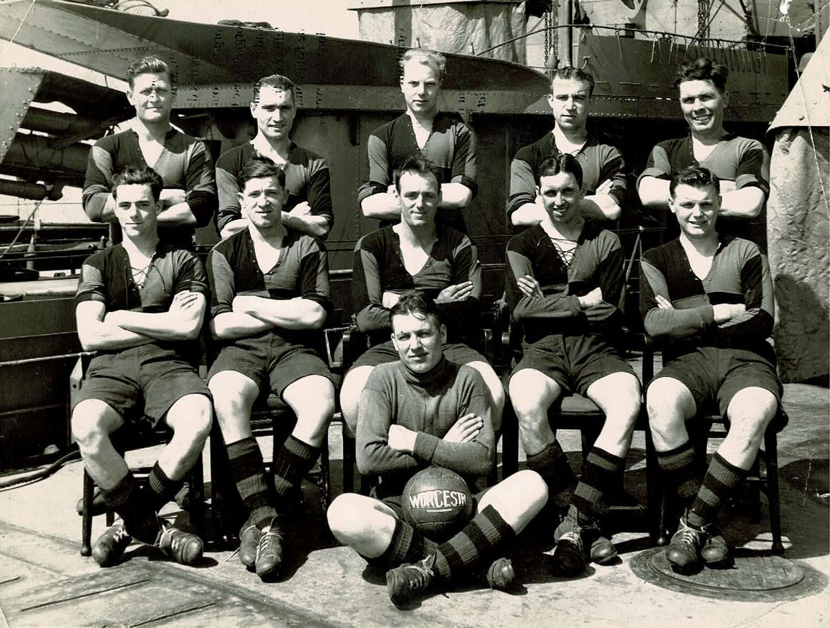 The football team on the deck of HMS Worcester in Poplar Dock, London 1940