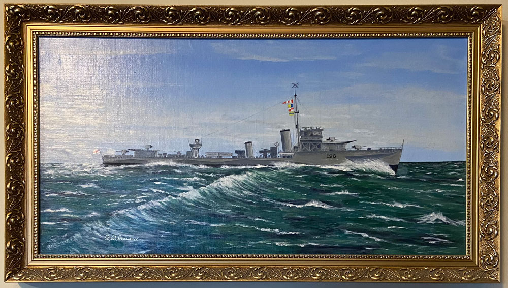 Painting of HMS Worcestter presented by the V & W Destroyer Asasociation hanging in the Randall Room allongside the ship's bell