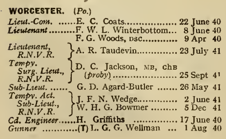 Navy List, February 1942, with officers in HMS Worcester in February 1942