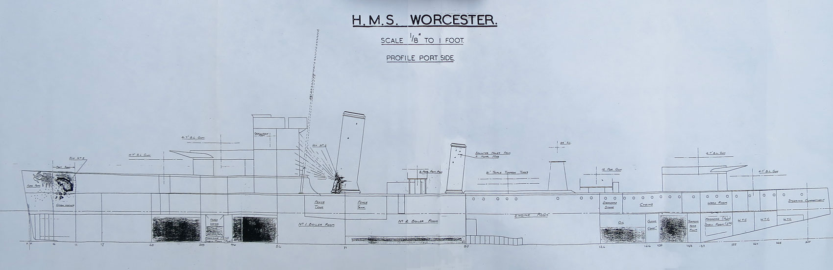 Shell damage to Port side HMS Worcester
