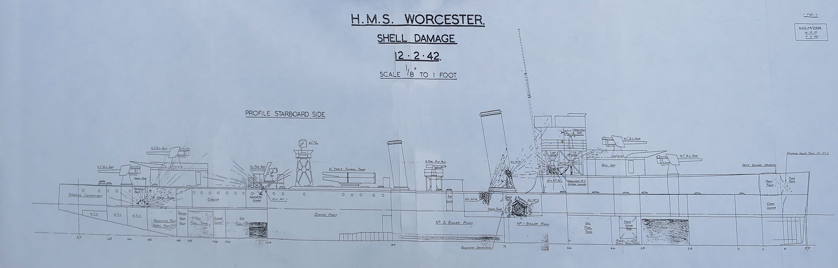 Shell damage to HMS Worcester, starboard side