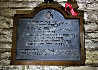 The tablet in St James Church, Harvington, errected by his fanmily in memory of Thomas Herbert McGee