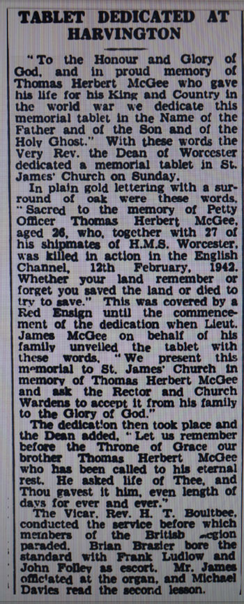 Press cutting about errection of tablet to the memort of Thomas Herberet McGee, PO Cook, killed on 12 February 1942