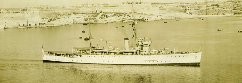 HMS Folkestone at Malta on her way to start a two year Commission on the Persian Gulf in 1930