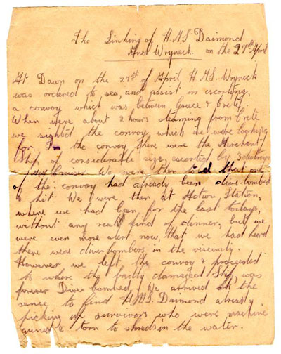 Letter from AB Eddie Gray to his niece describing the loss of HMS Wryneck