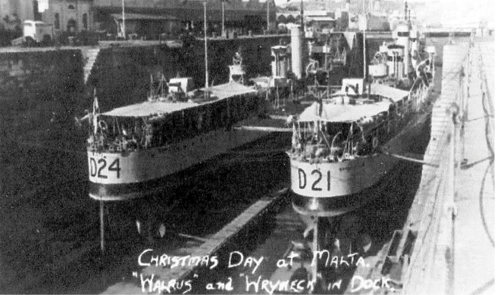 HMS Walrus and HMS Wryneck in srydock at Malta, Christmas Day 1921